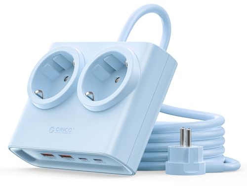 ORICO 25W GaN 6-en-1 Multiprise Rallonge avec 2 Prises AC + 4 Ports USB (2 USB-C), Fiche Ultra-Mince & Câble 1.6m, 2500W Max pour Maison/Bureau, Bleu