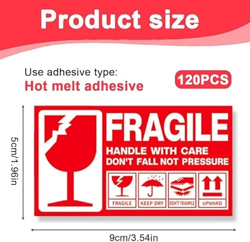 SLEEKEE Etiquetas De Advertencia De Productos Frágiles De 200 Piezas, Logotipo Rojo Llamativo, Adhesivo De Alta Viscosidad, Adecuado para El Transporte De Paquetes, Protección De Artículos.