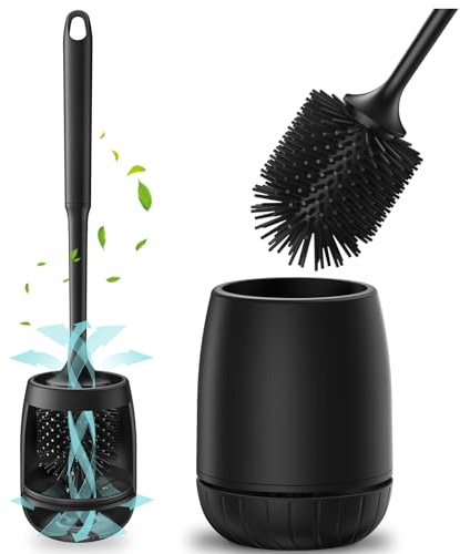 Escobillas de Baño, EWEIMA Escobilla Baño Silicona con Secado Rápido Soporte Ventilado, Escobilla WC Silicona para Una Limpieza Profunda, Montaje en Suelo o Montaje en Pared (Negro Oscuro)