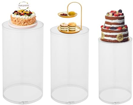 sheungtong Juego de 3 soportes cilíndricos para fiestas, soporte acrílico para tartas de boda, columnas transparentes para exhibición de fiestas, pilares de pedestal para decoración de flores de