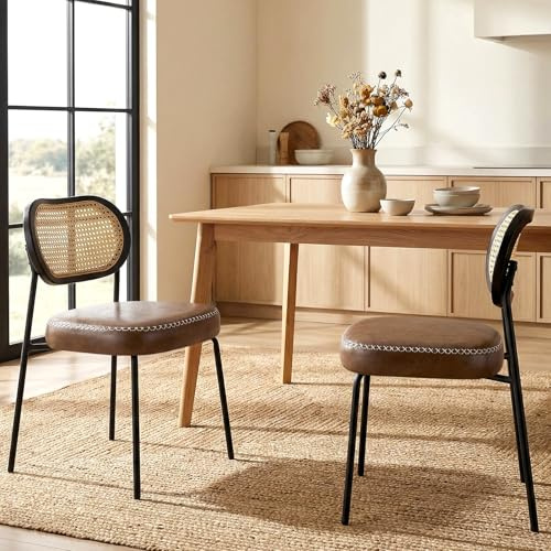 Esszimmerstühle 2er Set mit Rattan Rückenlehne, Gepolsterte Küchenstühle mit Metallbeinen, Mid Century Modern Esszimmerstuhl mit Dickem Sitzkissen, Stabile Stühle für Küche Esszimmer Wohnzimmer, Braun