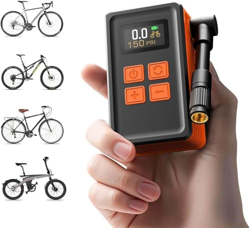 Mini-cykelpump med mätare, max 150 PSI elektrisk cykelpump med Presta & Schrader-ventil, 4 x snabbare, autostopp, borstlös motor, uppgraderad bärbar cykeldäckpump för E-cykel, MTB, vägcykel, boll, etc