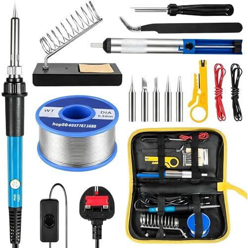 Soldering Iron Kit, 15 in 1 Electric Soldering Iron, 60W Adjustable Temperature 200-450°C Welding Tool, 5 Tips, Desoldering Pump, Solder Wire, Wire Stripper, Tweezers for Electronics Repair & DIY