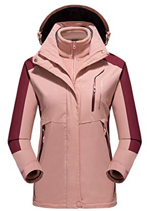Women’s 3 in 1 Waterproof Jacket, Breathable Fleece Rain Coat Detachable Inner Fleece ＆ Hood Casual Jacket for Hiking Climbing Travelling Camping (Light Pink)