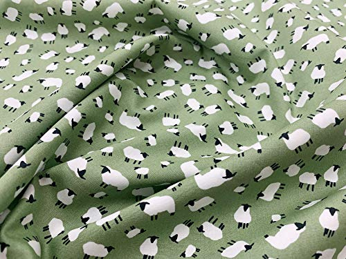 Cotton Poplin Sheep Print Design - Sage Green Background 110 cm 100% Cotton Fabric -130 GSM - Per Metre (CP0454SAGE)