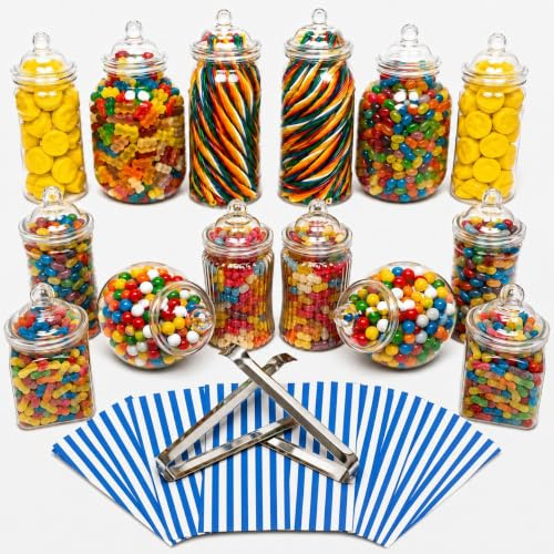14 Plastic Sweet Jars, 7 Styles, 2 Tongs and 50 Bags. Ideal for Party, Wedding, Sweet Table, Candy Buffet (Dark Blue Candy Stripe Bags)