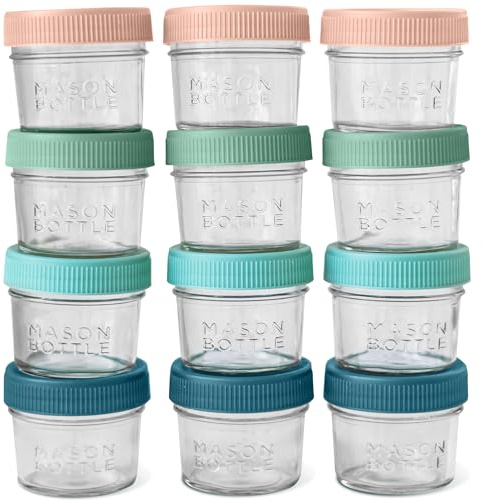 Mason Bottle 4oz Breast Milk Storage Jars (12-Pack) – Reusable Glass Baby Food Containers with Lid for Baby Formula & Breastmilk – Airtight, Stackable, Freezable (Deep Ocean)