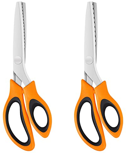 KUONIIY Pinking Shears (2 Pcs, Serrated & Scalloped Edges), Zig Zag Scissors with Comfortable Handle, for Cutting Fabric, Orangeblack