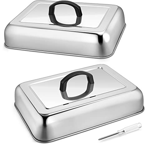 2Pcs Basting Cover Melting Dome for Griddle (13 x 9.8), Joyfair Rectangular Stainless Steel Cheese Melt Lid for Outdoor Flat Top Grill, Heat-Resistant Handle & Dishwasher Safe (No Vent)