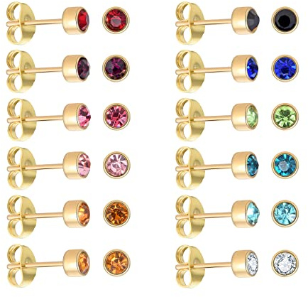 12 Pairs 18K Yellow Gold Plated Surgical Stainless Steel Stud Earring, CZ Stud Earrings for Women, Cubic Zirconia Birthstone Stud Earrings Set 3mm (Round 3mm)