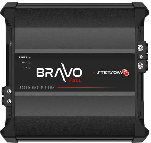 Stetsom Bravo Full 3000 1 Ohm Mono Car Amplificatore, 3000.1 3K Watt RMS, 1Ω Stabile Car Audio, Qualità del suono HD, Crossover & Bass Boost, Altoparlante stereo per auto Subwoofer MD, Smart Coolers