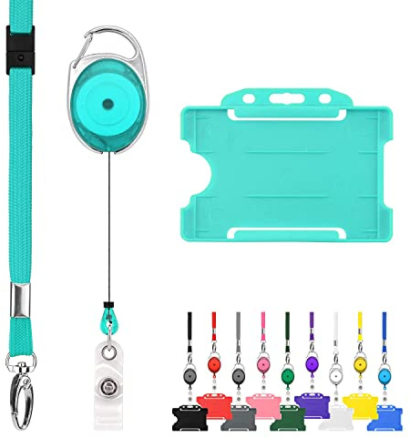 Retractable Lanyard and Badge Holder Trio Triple Pack by LanyardsTomorrow - Set Includes A Single Plain Lanyard, Extendable Carabiner Yoyo Reel Clip and Rigid ID Card Holder (Turquoise)
