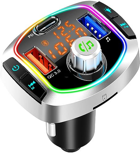 GizmoVine Bluetooth Adapter Auto, FM Transmitter Auto mit Dual USB Anschlüsse QC 3.0 Typ-C PD Schnellladung, Unterstützung Handy Freisprechanlage, Musik MP3 Player, SD-Karte, 7 RGB Beleuchtungsmodi