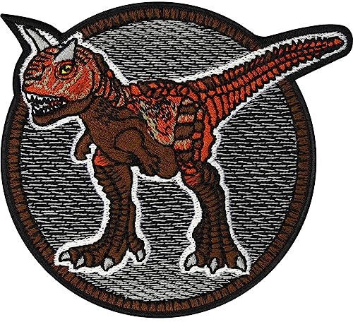 Toppa ricamata da applicare con ferro da stiro o cucitura - Carnotaurus per bambini - Patch con immagine di carnotaurus da stirare | Ricami dinosauri per abbigliamento - Fregio da cucire | 75x90mm