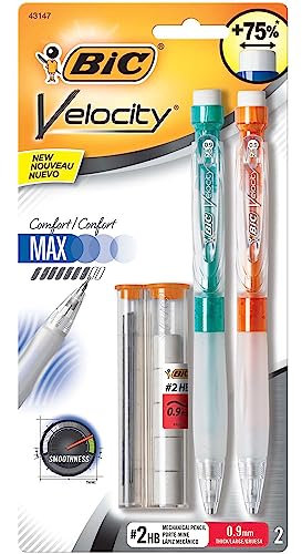 BiC Velocity Max Mechanical Pencils, Thick Point, 0.9 mm, 2 HB Lead, Assorted Barrel Colors, Pack Of 2