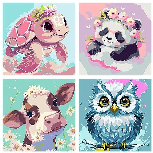FQOVKYN 4 Pack Paint by Number for Kids, Cute Animals Paint by Numbers Kit for Adults Beginner, Easy Acrylic Watercolor Paint by Numbers Canvas Arts and Crafts for Wall Decor (8 * 8in)