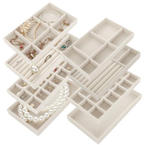 MUXHEL 8 SET Jewellery Tray Organiser Stackable Velvet Jewellery Drawer Organiser Beige Jewellery organiser tray jewellery organiser for Drawer Bracelet Earring Ring Necklace Storage & Display