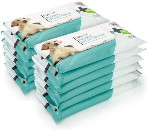 ReaVET Pflegetücher Hund, Katze I Reisegröße 240 Stück I 12 x 20Stk. I XXL Feuchttücher, Extra Groß & Hypoallergen I Reinigungstücher, Abwischtücher für Po, Pfoten, Augen & Ohren