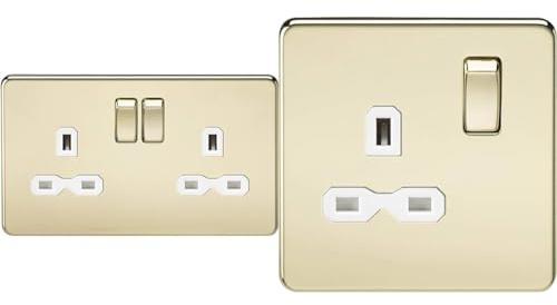 Knightsbridge SFR9000PBW Screwless 13A 2G Dp Switched Polished Brass with White Insert, Socket-Double & SFR7000PBW Screwless 13A 1G Dp Switched Socket-Polished Brass with White Insert