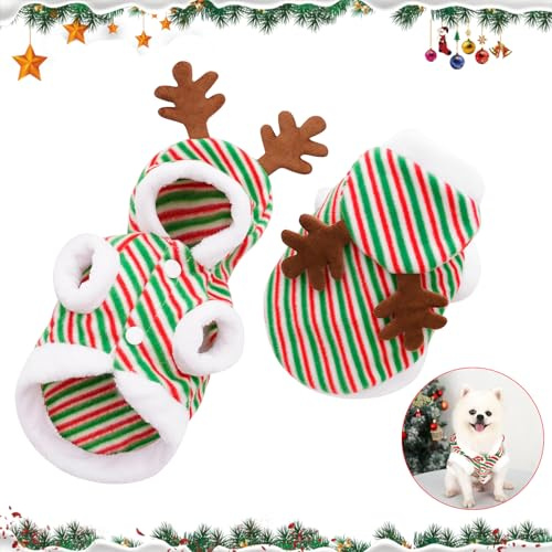 Dog Christmas Outfits Dog Reindeer Costume Hoodie Red Green Stripes Pet Clothes Funny Cat Xmas Jumpers Cat Christmas Costume New Year Dogs Clothing Accessories for Puppy Kitten Small Dogs Cats