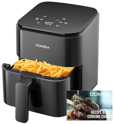 DOMEM - Freidora de aire compacta de 3 cuartos con cesta antiadherente y estante, visualización táctil simple fácil de usar, cocinar en pasos simples, freidora de aire pequeña de cocción de bajo