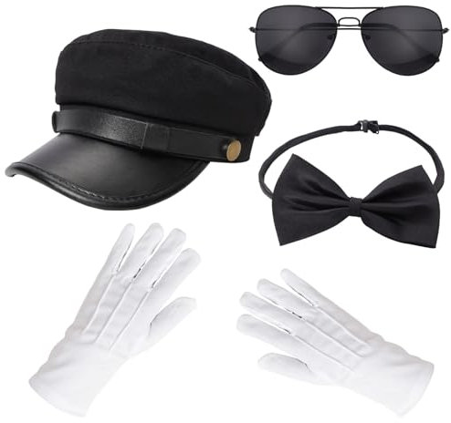 baotongle Chauffeur-Kostüm, Zubehör, Fahrerkostüm, schwarzer Hut, Sonnenbrille, Krawatte, Handschuhe, 1980er-Jahre, Limousine, Taxifahrer, Verkleidung für Erwachsene, Cosplay, 5 Stück