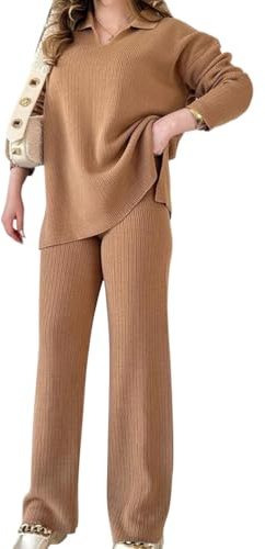 shownicer Curvy Completo Donna 2 Pezzi Set in Maglia Maniche Lunghe Pullover e Pantaloni Due Pezzi Completo Tuta Casual Completo Pantalone Due Pezzi Outfit Suit A Cachi XL