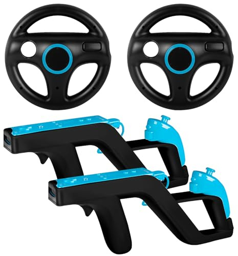 Machine-Ya Wii Zapper Gun and Steering Wheel Compatible with Nintendo Wii & Wii U Remote Game (2-Pack, Black)