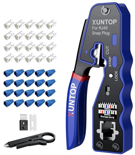 XUNTOP Crimpadora RJ45 Herramienta de Crimpado para Cat5 Cat5e Cat6 Cat6a Cat7 Ethernet Comprobador de Cable de Red con 20 RJ45 Cat6 Cabezas de Cristal de Paso y 20 Fundas Azules