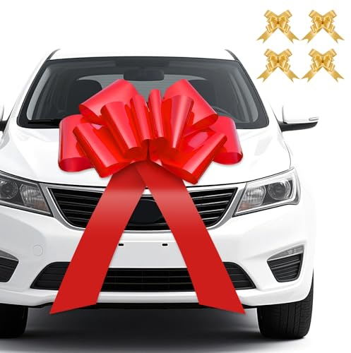 Ixydor Lazo Grande para Coche, 76 cm Lazo Rojo Grande para Coche, Lazo Gigante Automontable y Reutilizable con Ventosa y 4 Lazos Pequeños, para Cumpleaños, Boda, Navidad, Bicicleta, Regalo