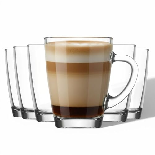 vienberg Vega Juego de 6 vasos de té con asa (250 ml) – Vasos de café resistentes y copas de vino caliente – Apto para lavavajillas y resistente al calor – Tazas de cristal aptas para microondas para