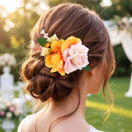 IYOU Peineta de novia con flores Naranja Adorno para novias Accesorios para el cabello de damas de honor boho para mujer