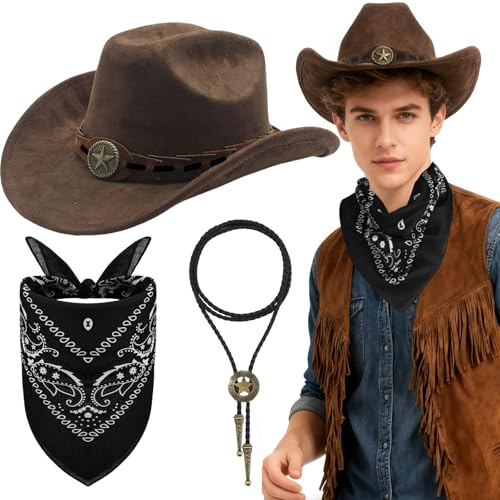 Kyndara 3Pcs Western Cowboy Hat Kit for Adult, Unisex Cowboy Costume Accessories Set with Wide Brim Hat Necklace Paisley Bandana for Men Women Fancy Dress Carnival Theme Parties