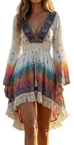 Women's Flowy Bohemian Summer Dress with Western Print Fringe, Contrast Sleeves, and Layered Design for Casual Outings