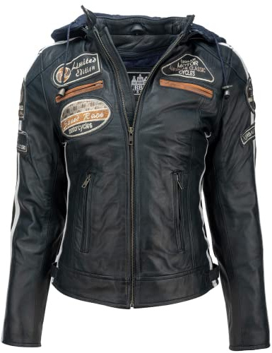 URBAN 5884 Chaqueta de moto para mujer con protectores, de piel de cordero, con protectores de espalda, hombros y codos. | Azul | Small