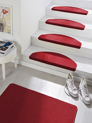 Hanse Home Stufenmatten Fancy – Treppen-Teppich Treppenmatten Selbstklebend Sicherheit Stufenteppich halbrund für Treppenstufen – Rot, ca. 23x65cm 15 Stück