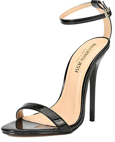 Unisex Men's Women's High Heel Sandals, Ankle Strap, Open Toe, 5.1 Inch Stiletto Heels Patent Black EU46 - size 14 Women/12.5 Men