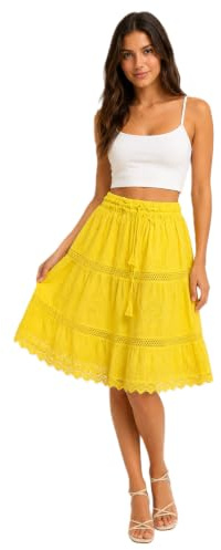 Doorwaytofashion Womens Knee Length Cotton Skirt Tiered Embroidered Adjustable Waist Lined One Size 8 10 12 14 16