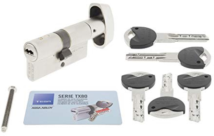 Tesa Assa Abloy, TX8B3035N, Cilindro de Alta Seguridad, TX80, Doble Embrague, Leva Larga, Llave - Botón, Niquelado, 30 x 35 mm
