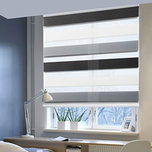 Laneetal Estores Enrollable Noche y Día Persiana Interior Doble Semi-Sombreado Bloquear los Rayos UV Proteger la Privacidad 100% Poliéster 55 x 150 cm Color Blanco+Gris+Antracita