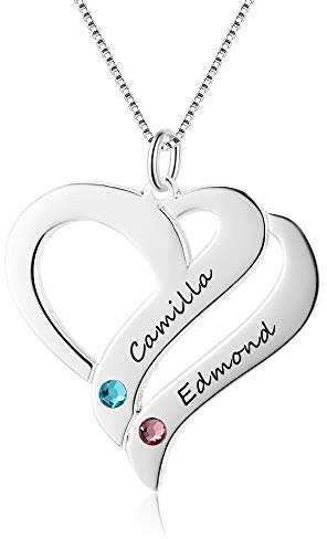 Bo&Pao Namenskette Herz 925 Sterling Silber mit Zwei Namen und Geburtsstein, Herz Kette Damen Silber mit Gravur