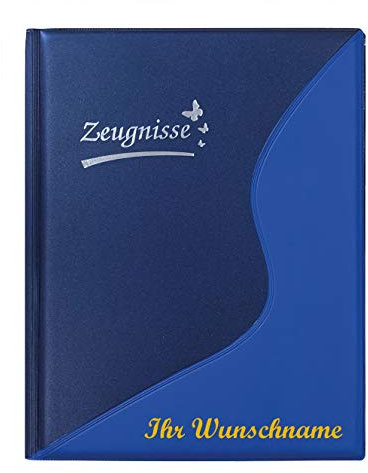 Zeugnismappe mit Namensgravur - mit 12 Hüllen - Farbe: metallic blau