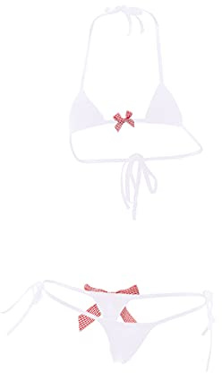 ABAFIP Womens Micro Tanning Bikini Kawaiii Japanese Anime Lingerie set Cute Stripe Tiny Bra Thong Panty Bottom Extreme Swimsuit White Bowknot One Size
