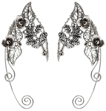 Lurrose 1 Pair Elf Ear Cuffs Silver Vintage Clip-on Earrings Ear Wrap Crawler Hook Fairy Non-Piercing Cuff Earrings for Women Girls Party Festival Jewelry
