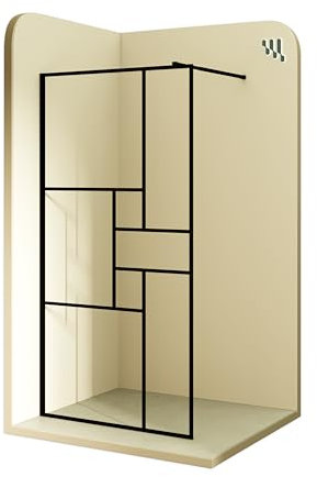 MOMENTS OF GLASS Panel de Ducha Fijo Frontal, Walk In Gianna 70x200 cm - Mampara con Vidrio de Seguridad Templado Transparente 8mm con Rayas Negras, Marco Negro Mate e Barra Estabilizadora