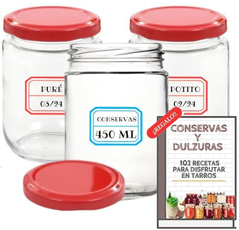 12 Tarros de Cristal de 450 ml con Tapa Metálica Roja + 12 Tapas Extra + EBook de 102 Recetas - Cierre Hermético para Alimentos Caseros - Incluye Etiquetas