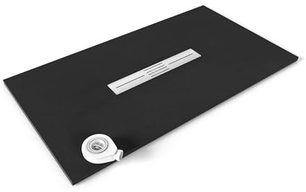 MOMENTS OF GLASS Plato de ducha Lumia 90x160 cm cm Negro RAL7021 - Antideslizante, Textura Pizarra, Resistente, Duradero, Fácil Limpiar - Incluye Sifón en el centro y Tapa en Acero Inoxidable