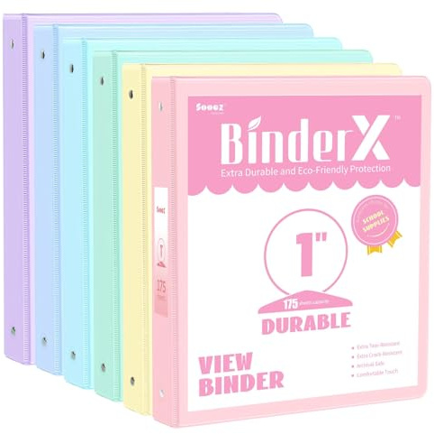 6 Pack Extra Durable 3 Ring Binders 1 inch, Sooez 1” Three Round Ring Binders with Pockets, Cute Customizable Clear View Cover for 8.5 x 11 Letter Size Papers, Pastels School Office Supplies for Girl