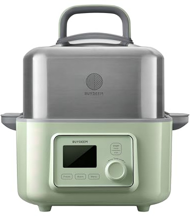 BUYDEEM Multi function Digital Food Steamer for Cooking - Stainless Steel 5L Capacity with Stew Pots and Ceramic Steaming Plate, 1500W, 6 Automatic Programs - Cozy Greenish