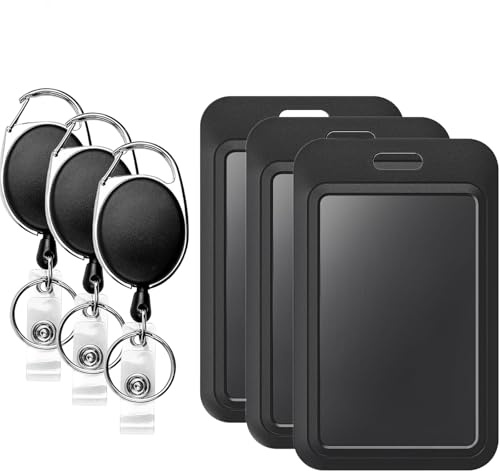 Badge Holders with Retractable Keychains – Multi-Card ID Card Holder Reels for Work, Office, Lanyards (Fits 2-3 Cards)(3, Black)